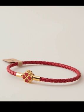 Gold Clover Charm Red Braided Leather Bracelet NWT